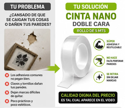 Cinta magic tecnologia nano doble cara 5 metros  lavable y reutilizable